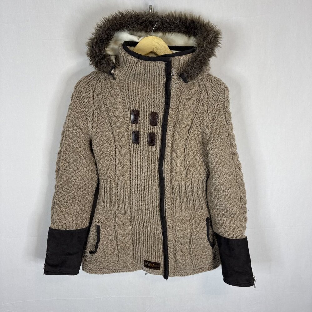 Urku Ecuador Wool Cotton Knit Jacket Fleece Lined Faux Fur Hood Women’s M
